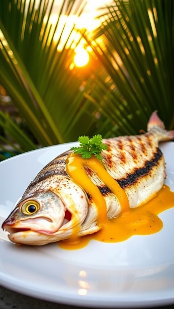 Grilled branzino with coconut mango sauce garnished with cilantro on a plate in a tropical setting.